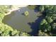 Beautiful aerial view of the property's private lake with wooded surround and dock at 441 Mountain View Ln, Woodstock, GA 30188