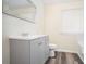 Neutral toned bathroom with white countertop, grey vanity, and modern fixtures at 2722 South Hills, Riverdale, GA 30296