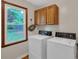 Bright laundry area features wood cabinets above a white washer and dryer set, plus a window at 4067 Silver Fir Ct, Marietta, GA 30066