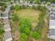 Aerial view of a neighborhood common area featuring a large grassy field and playground at 4545 Evandale Way, Cumming, GA 30040