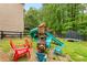 A backyard features play equipment, a fire pit, and a fenced perimeter, creating a private oasis at 4545 Evandale Way, Cumming, GA 30040