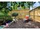 Cozy fenced-in backyard retreat with a lounge chair, small table, and unique decorative bird statues at 486 Milledge Gate Se Ter, Marietta, GA 30067