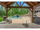 Outdoor kitchen with a view of the inviting pool, slide, fire features and jacuzzi at 1212 Lee Whatley Dr, Lithonia, GA 30058