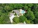 Secluded home with a backyard pool nestled amongst mature trees and lush greenery, captured in a captivating aerial shot at 3380 Hill Forest Nw Trl, Acworth, GA 30101