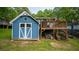 Exterior view of blue garden shed and raised deck with lots of greenery on top at 2881 Parrott Nw Ave, Atlanta, GA 30318