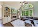 Comfortable living room with stone fireplace and large windows overlooking a lush yard at 5925 Boulder Bluff Dr, Cumming, GA 30040