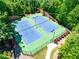 Aerial view of two well-maintained tennis courts surrounded by lush landscaping and trees at 5925 Boulder Bluff Dr, Cumming, GA 30040