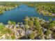 Scenic aerial view of a lakefront community, showcasing homes nestled among trees along the water's edge at 6330 Spinnaker Ln, Alpharetta, GA 30005
