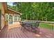 Wooden deck with a table and chairs, and backyard view, extending the living space outdoors at 211 Black Kettle Ln, Johns Creek, GA 30022