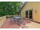 Wooden deck with a metal table and chairs, offering an outdoor dining or relaxation space at 211 Black Kettle Ln, Johns Creek, GA 30022