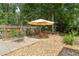 Outdoor patio with gravel, landscaping, and an umbrella table for enjoying the backyard at 211 Black Kettle Ln, Johns Creek, GA 30022