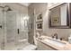 Modern bathroom featuring a glass-enclosed shower and stylish vanity with framed mirror at 320 Wisteria Cir, Roswell, GA 30076