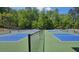 Net view of community pickleball courts surrounded by lush trees, offering a great recreational space at 3811 Holliwell Pass, Cumming, GA 30040