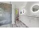 Contemporary bathroom with tiled walk-in shower, dual sinks and white cabinets at 1145 Cool Springs Nw Dr, Kennesaw, GA 30144