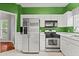 Modern kitchen with stainless steel appliances, white cabinets, and a green accent wall at 1145 Cool Springs Nw Dr, Kennesaw, GA 30144
