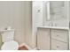 Clean bathroom with wood floors, white cabinets, and modern toilet at 3688 E Bay St, Duluth, GA 30096