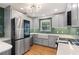 Modern kitchen with stainless steel appliances, farmhouse sink, hardwood floors and green subway tile backsplash at 3471 Elgin Dr, Decatur, GA 30032