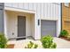 A close-up exterior view of a modern townhome with a gray front door and an attached garage at 1624 Gunnin Nw Trce, Atlanta, GA 30318