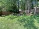 Landscaped backyard featuring a grassy lawn, mature trees, and a wood privacy fence at 3075 Nuthatch Nw Ct, Kennesaw, GA 30144