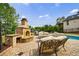 Outdoor fireplace and outdoor seating area by the pool, perfect for entertaining at 510 Belada Blvd, Atlanta, GA 30342