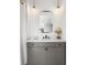 Modern bathroom vanity with sleek gray cabinetry, white countertop, and stylish lighting fixtures above a mirror at 726 Edgewood Ne Ave, Atlanta, GA 30307