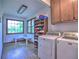Functional laundry room with washer, dryer, cabinets, open shelving, and a large window providing natural light at 1257 Independence Way, Marietta, GA 30062