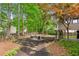 This backyard features a firepit area and a screened-in porch with a staircase leading to the yard at 1405 Arden Trace Ln, Lawrenceville, GA 30043
