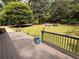 Lush backyard featuring a manicured lawn, mature trees, and a cozy fire pit area for outdoor enjoyment at 650 Hunterhill Ct, Roswell, GA 30075
