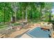 Landscaped backyard with wood fence, stone fire pit, wooden bench and adirondack chairs at 3376 Hickory Ln, Powder Springs, GA 30127