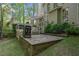Landscaped backyard with a brick patio, a wooden deck, and mature trees at 3265 Bentwood Close, Cumming, GA 30041