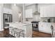 Contemporary kitchen features stainless steel appliances, white cabinetry, and island with counter seating at 613 Stickley Oak Way, Woodstock, GA 30189