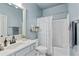 Bathroom featuring a white vanity, shower-tub combo with shower curtain and gray accent colors at 7730 Tiberon Pkwy, Cumming, GA 30028