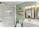 Modern bathroom featuring glass shower doors, a white vanity, and decorative shelves at 4418 Chowning Way, Dunwoody, GA 30338