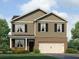 Two story home has a brick foundation, neutral siding, black shutters, manicured yard and an attached two car garage at 8219 Coldstream Dr, Fairburn, GA 30213