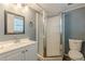 Compact bathroom featuring a shower stall, modern vanity and toilet at 3311 Lavista Dr, Hapeville, GA 30354