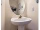 Powder room featuring pedestal sink, decorative mirror and neutral paint color at 595 Mcgarity Dr, Mcdonough, GA 30252