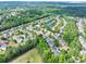 Aerial view showcasing a neighborhood, highlighting the density of homes within a wooded area at 5008 Bethpage Dr, Suwanee, GA 30024
