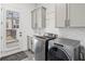 Modern laundry room featuring gray cabinets, a utility sink, and stainless steel front-loading washer and dryer at 120 Nezhat Pl, Sandy Springs, GA 30350