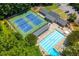 Aerial view showcasing the pool, tennis courts, playground and clubhouse enhancing community living and recreation at 1508 Walker Ridge Sw Dr, Marietta, GA 30064