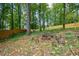 A tranquil backyard featuring a fire pit, stump stools, and views of the wooded boundary at 1508 Walker Ridge Sw Dr, Marietta, GA 30064