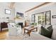 Bright living room featuring exposed beams, a fireplace, and seamless indoor-outdoor living at 132 Mount Vernon Dr, Decatur, GA 30030