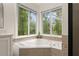 A close up of a large soaking tub with jets that overlooks a backyard full of green trees at 1620 Bluewater Ct, Cumming, GA 30041