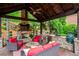 Relaxing covered outdoor living space features a stone fireplace, TV, built-in grill, and comfortable seating at 31 Brownson Ct, Acworth, GA 30101