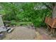 Beautiful backyard featuring a stone patio, gravel area, fireplace, and a whimsical treehouse at 185 Elizabeth St, Atlanta, GA 30307