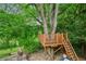 Charming custom-built tree house with wooden ladder and surrounding mature trees at 185 Elizabeth St, Atlanta, GA 30307