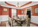 Digitally Staged Dining room with a decorative chandelier, wainscoting, and red walls at 380 Vista Creek Dr, Stockbridge, GA 30281