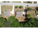 An aerial view of a well-maintained single-Gathering home, showing its roof, backyard, and landscaping at 4734 Eagles Ridge Loop, Lithonia, GA 30038