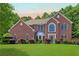 Beautiful two-story brick home with a large front yard and mature trees at sunset at 4734 Eagles Ridge Loop, Lithonia, GA 30038