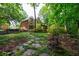 Picturesque home exterior with a mix of materials, nestled amongst trees, featuring stonework and a sprawling yard at 745 Devon Hill Ct, Roswell, GA 30075