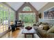 Bright and airy living room with a vaulted ceiling, large windows, and cozy furniture at 745 Devon Hill Ct, Roswell, GA 30075